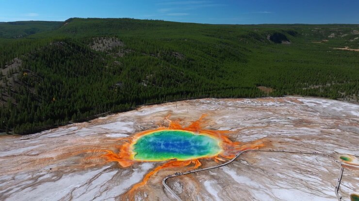Grand Prismatic Springs, Parco Nazionale di Yellowstone, Wyoming. Vista aerea con drone del paesaggio naturale, punto panoramico e passerella del Mid Geyser Basin. Mattina soleggiata, cielo azzurro, pozze termali colorate, movimento all'indietro.