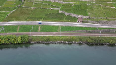 Luftaufnahme-Des-Genfer-Seeufers-In-Lavaux,-Weinberg,-Bahnschienen-Und-Einer-Straße