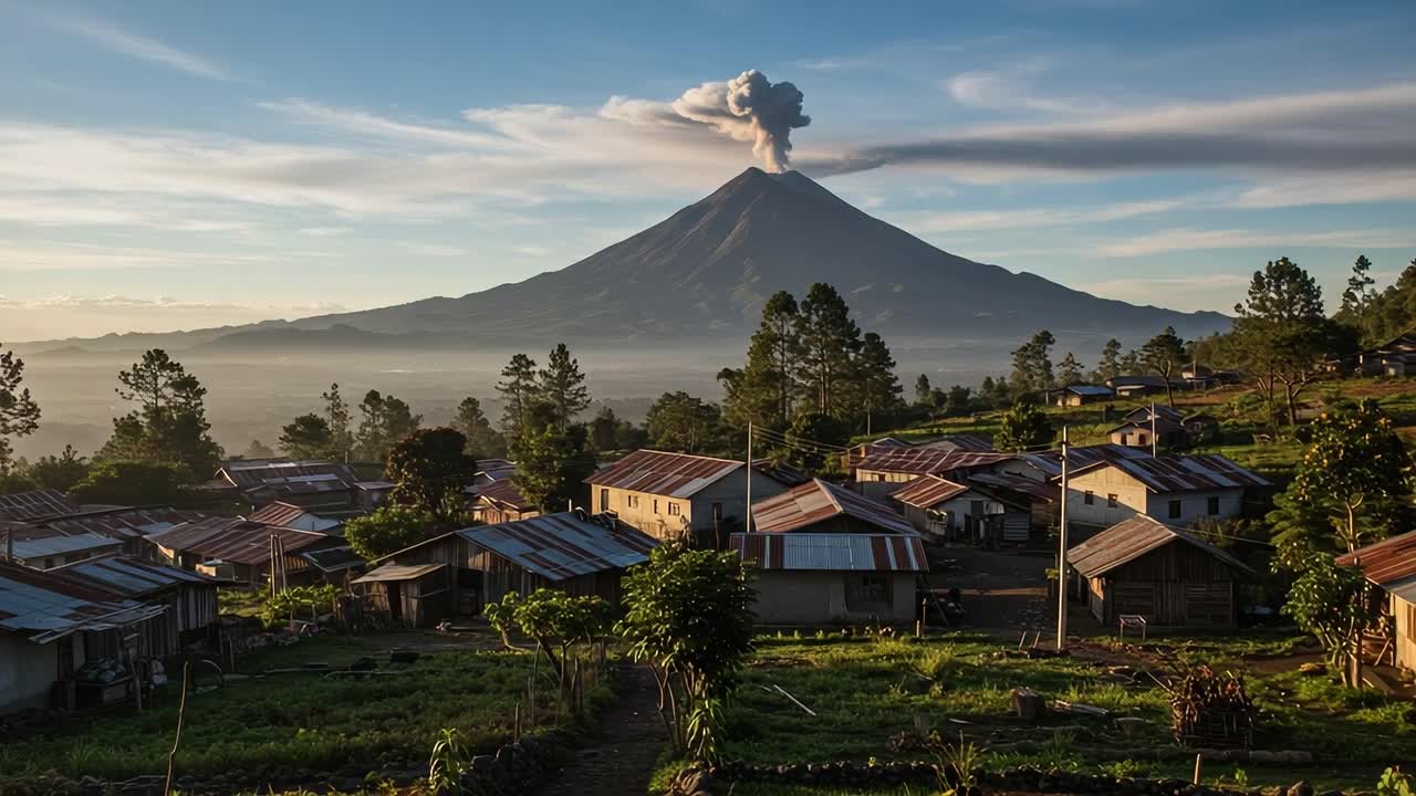 Majestic Volcano Erupts in the Distance, Surrounded by Serene Village Life at Dawn, Highlighting Nature's Power and Tranquility in Stunning Landscape