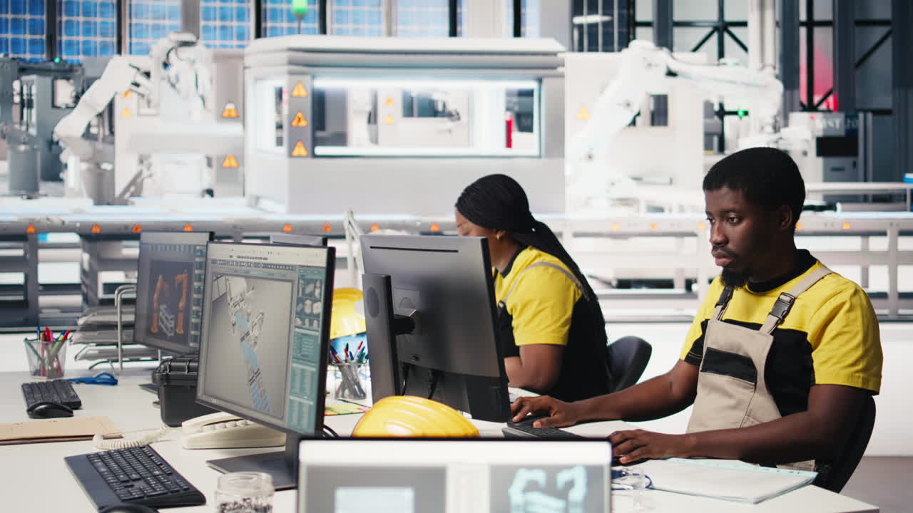 Vertical Video Black employee manages solar panel configuration via desktop tools