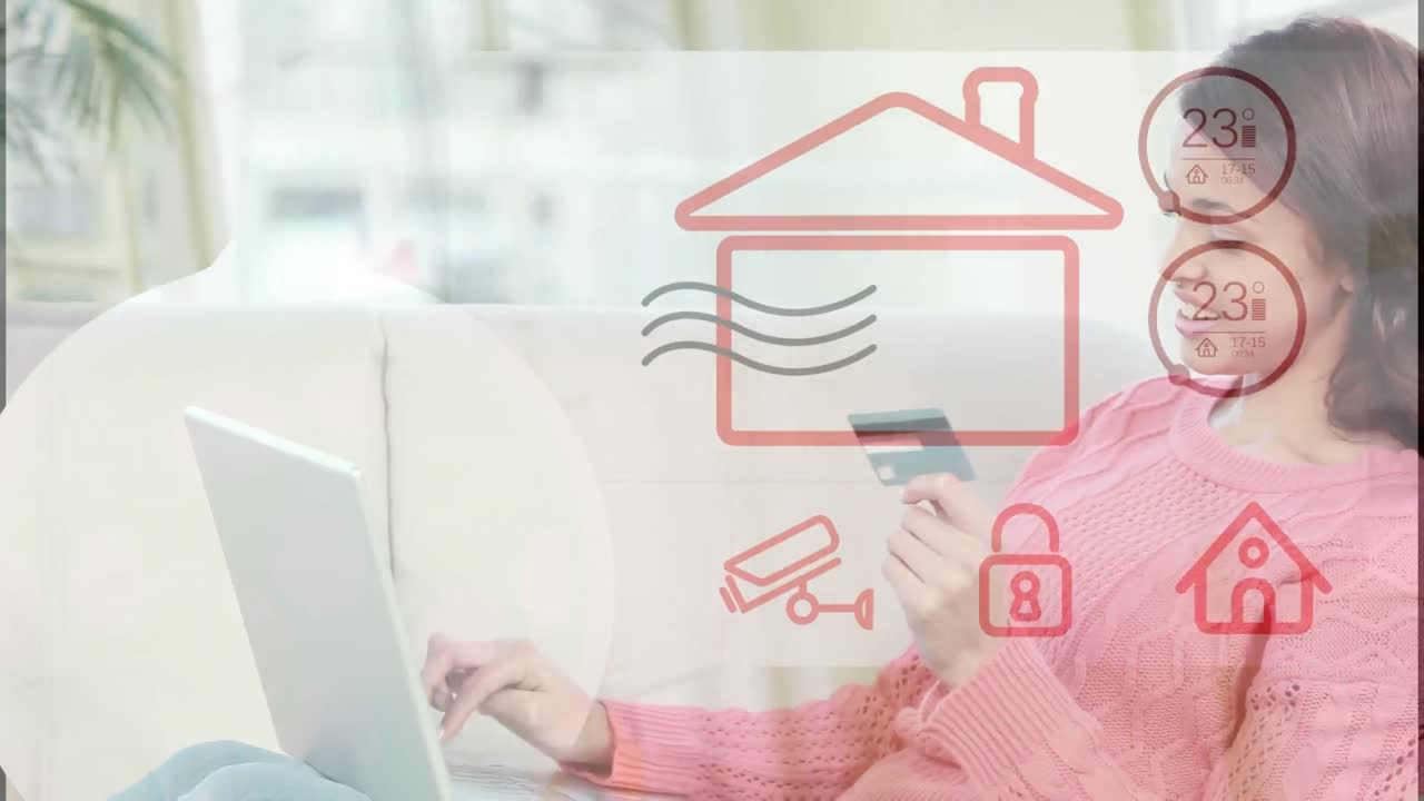 animación de iconos de los medios sobre una mujer caucásica usando una computadora portátil