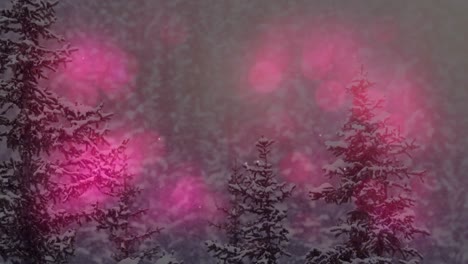 Animation-Mehrerer-Rosa-Flackernder-Lichtpunkte-über-Der-Winterlandschaft-Im-Wald