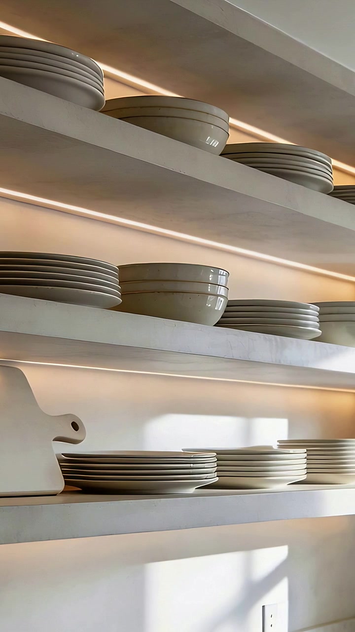 Vertical video: Panning cam revealing plates and bowls on kitchen shelf with board, LED