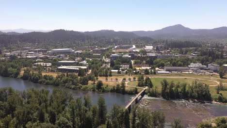 Willamette-River-riverfront-in-Eugene,-Oregon,-drone-orbit