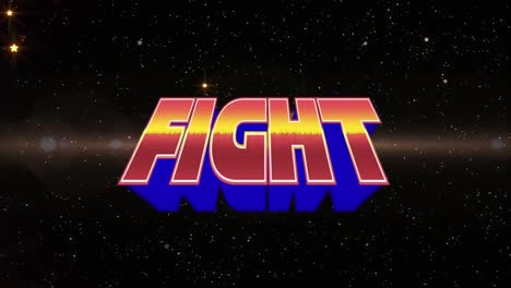 animation of fight text in red, yellow and blue letters over glowing spotlights and stars