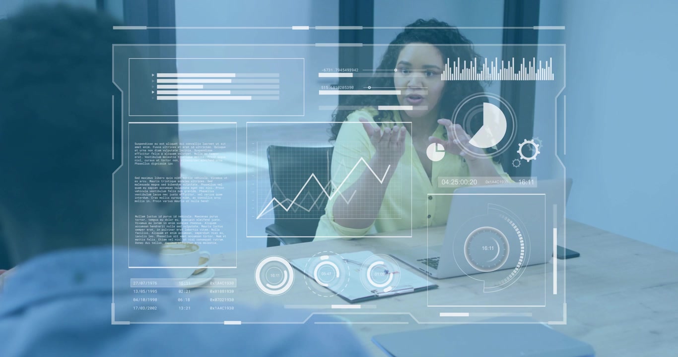 Woman in yellow blouse gesturing toward rising translucent graph while presenting market insights