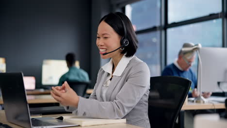 call center, computer and woman speaking