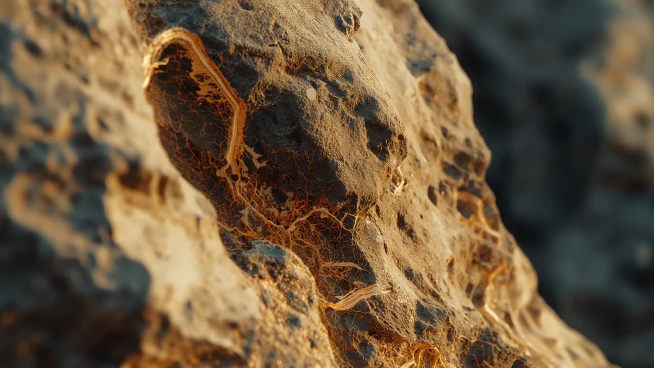 Panning camera starting on close-up of rough stone face, revealing glowing fibrous tendrils