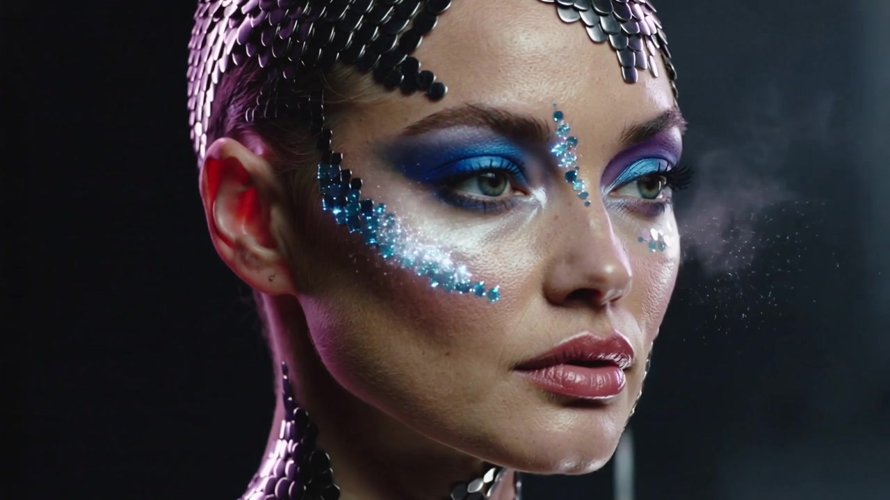 Su indicazione, una modella espira nebbia e si gira in studio, mostrando squame e paillettes.