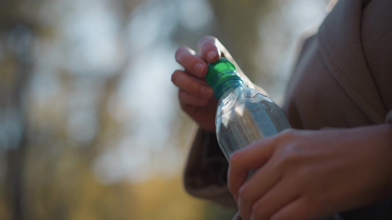 Primo piano di mani che aprono una bottiglia d'acqua di plastica con tappo verde in una luce naturale soffusa. La persona tiene un contenitore trasparente simile a vetro mentre svita il tappo, rivelando il liquido all'interno. Sfondo.