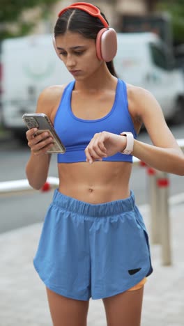 woman checking smartwatch while working out