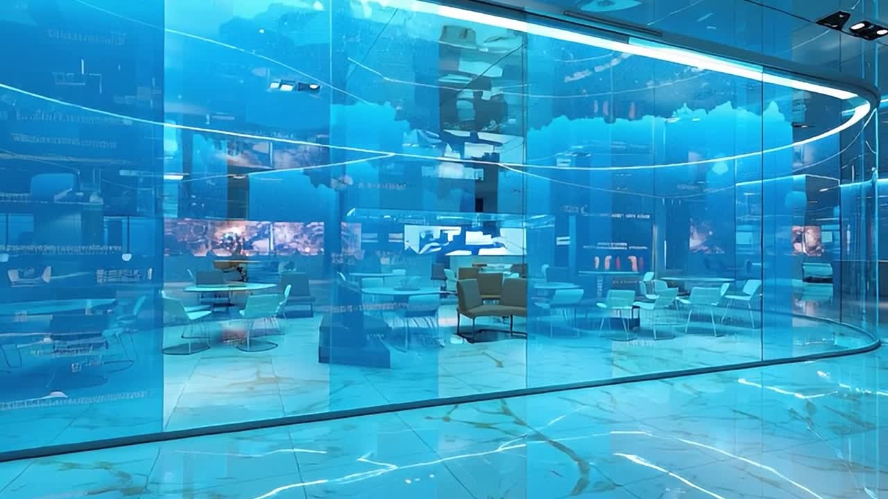 Moderne kontorinteriørdesign med blå glassvegger og elegante møbler