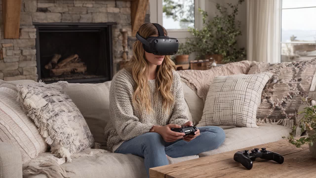 Esperienza di realtà virtuale immersiva: una persona si diverte a giocare in un soggiorno accogliente mentre indossa un visore VR e tiene in mano un controller di gioco