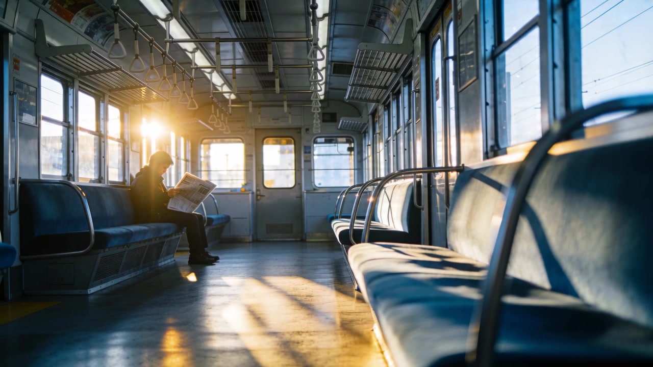 Beaming sun through windows urging man in dark coat turning newspaper pages on train, copy space