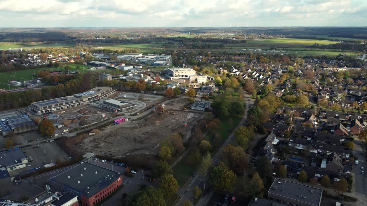 Aerial View of Town with Buildings and Landscape