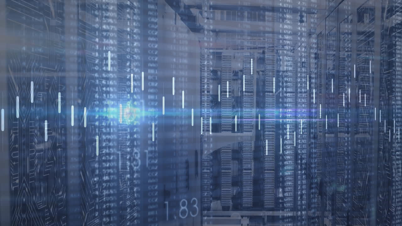 High-tech server racks glowing inside data center, circuits streaming digital code overlay