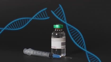 cadenas de adn y vial de vacuna con jeringa, animación de investigación médica