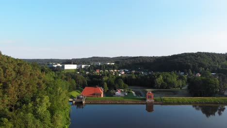 łapino lake in pomeranian district dolly shot from a drone