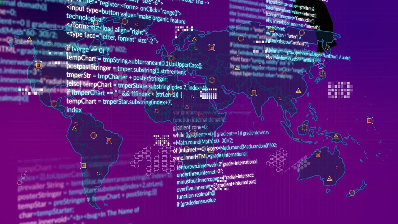Code running, map emerging, hex grid overlaying, lines connecting nodes, visualizing data network