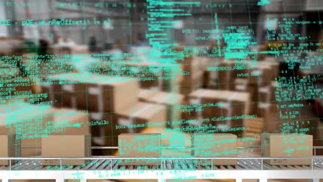 animación del procesamiento de datos sobre cajas de cartón en cinta transportadora en el almacén