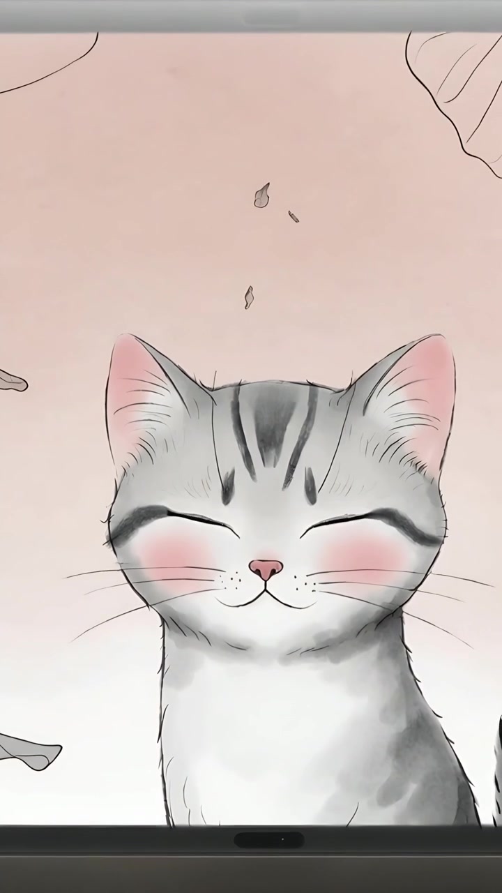 Video verticale: Vedendo petali che cadono, gattino tigrato disegnato che sbatte le palpebre e si siede sulla cornice a casa.