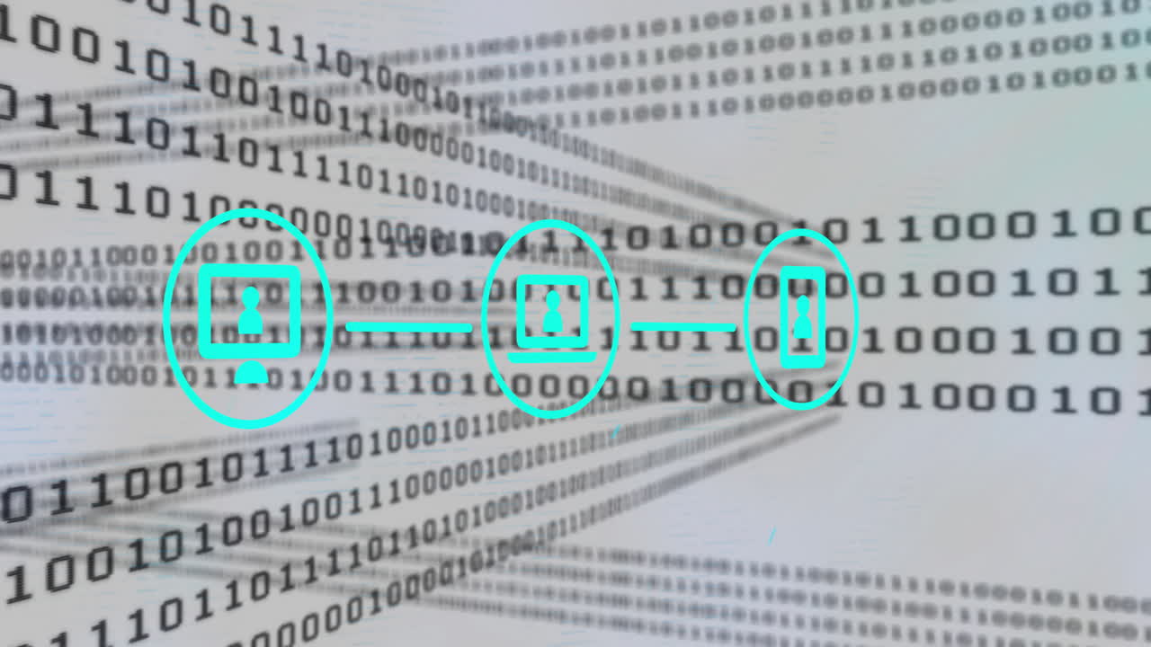 Animation of connections with icons, digital data processing over binary coding