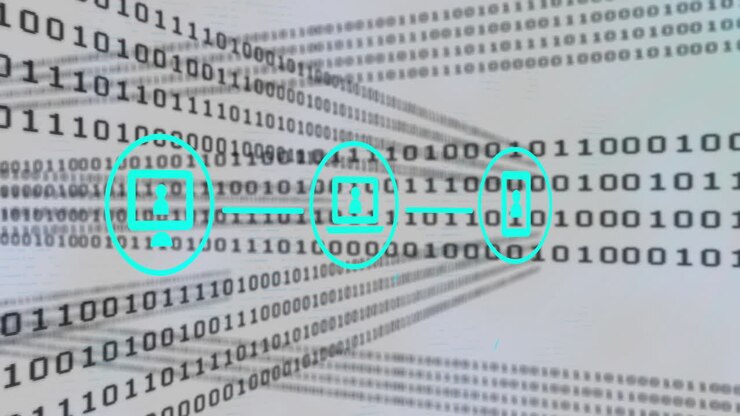 Animation of connections with icons, digital data processing over binary coding