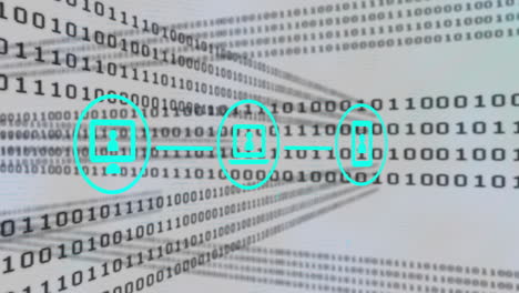 animación de conexiones con iconos, procesamiento de datos digitales a través de codificación binaria