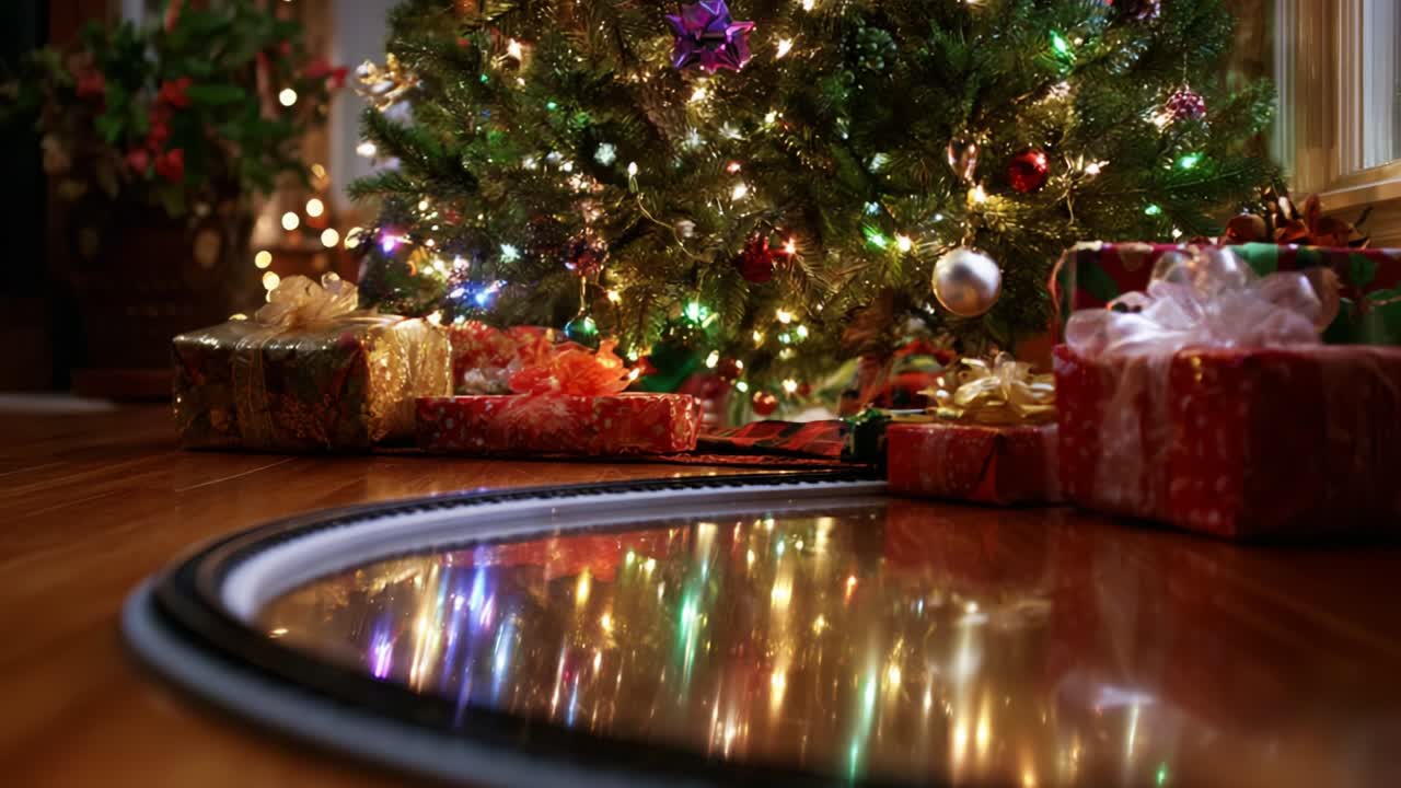 A Cozy Christmas Scene Underneath a Beautifully Decorated Tree with Twinkling Lights, Wrapped Presents, and a Reflective Toy Train Track Enveloping the Holiday Spirit in a Warm Setting