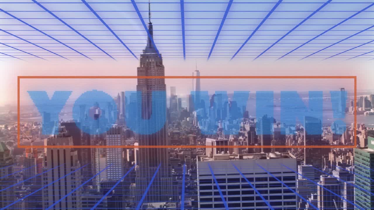 Animation of you win text over cityscape