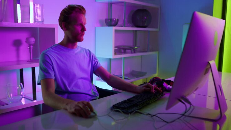 Freelancer che lavora in una stanza con luci al neon. Uomo serio che usa il PC navigando in internet da casa.