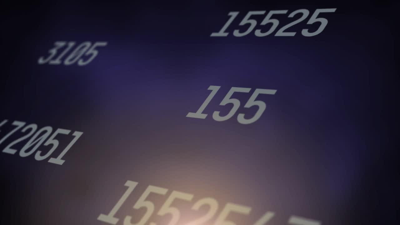 animación digital de múltiples números cambiantes contra un fondo de gradiente azul y púrpura