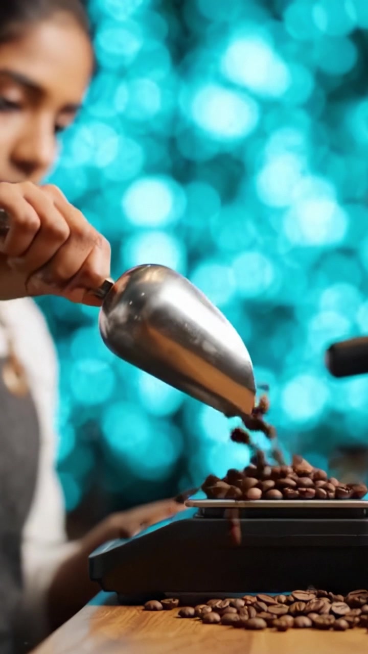 Barista che Pesa Chicchi di Caffè Appena Tostati con una Bilancia su uno Sfondo Bokeh Blu Brillante in una Moderna Caffetteria