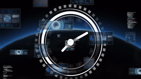 animación de reloj en movimiento sobre procesamiento de datos en fondo negro