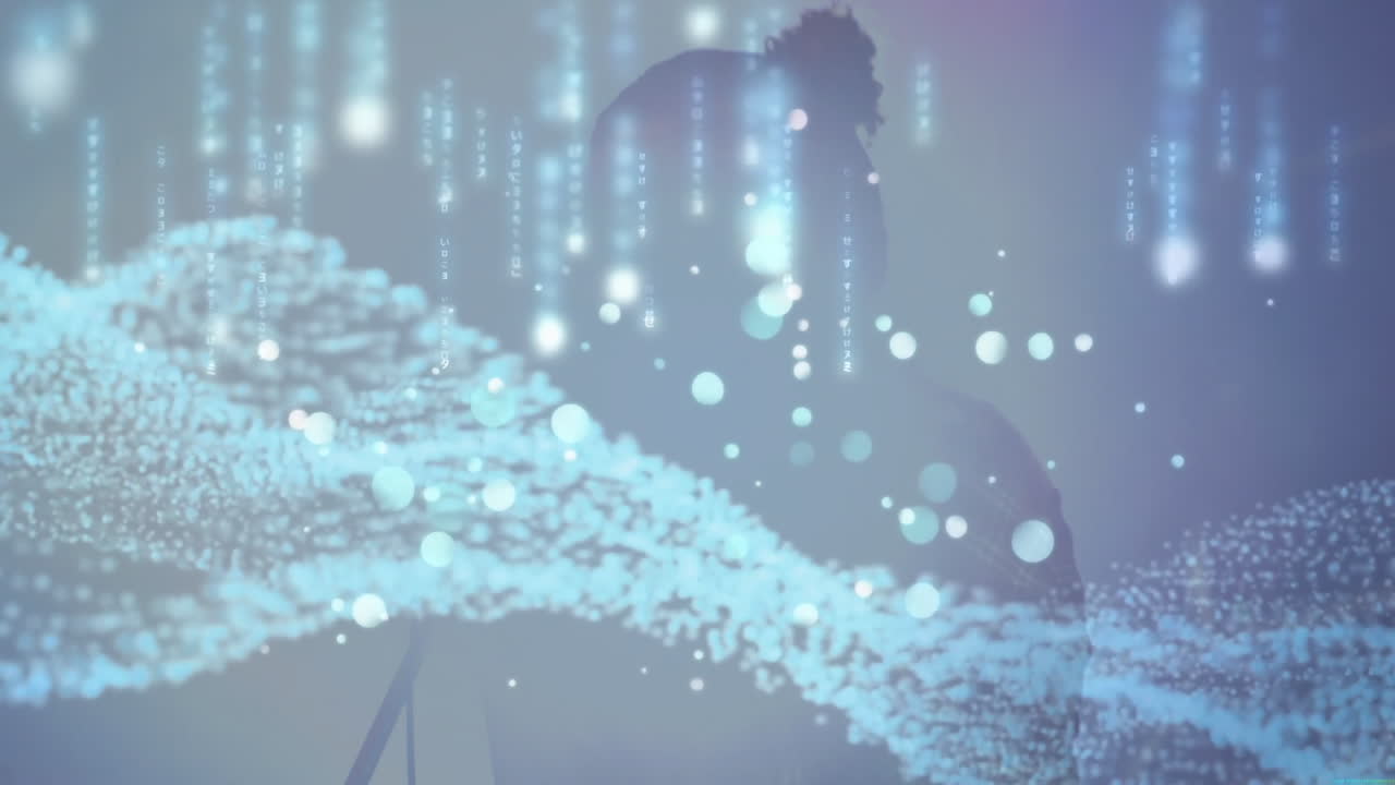 male silhouette standing in tech studio, exploring holographic wave, code streams, floating orbs