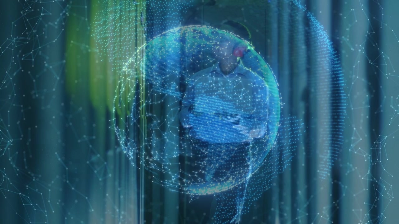 Male presenter raising hand toward hologram, sphere growing and revealing interface showing tech