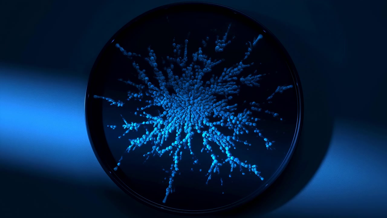 Un'orbita scura, circolare e lucida è centrata su uno sfondo blu intenso, rivelando un nucleo luminoso blu brillante con morbidi fasci di luce che si estendono, riflessi e un'aura.