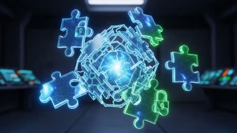 a futuristic conceptual visualization of security and technology: a 3d puzzle sphere surrounded by glowing puzzle pieces representing data protection and encryption