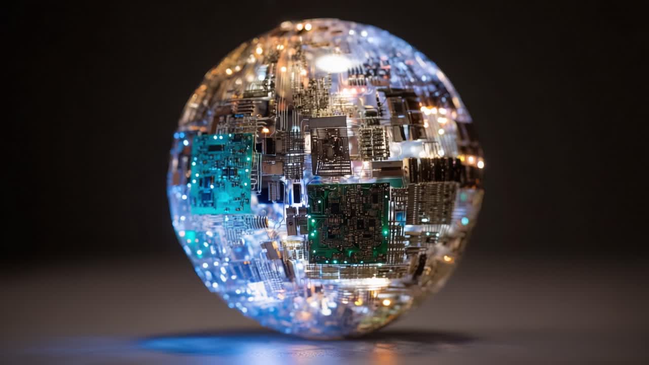Abstract technological sphere made of computer parts and circuit boards glowing with blue and orange lights, representing global network connections, data processing and artificial intelligence