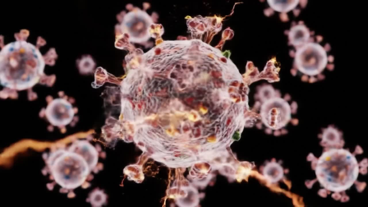 Microscopic Visualization of Viral Particles Revealing Detailed Structures and Interactions within a Complex Viral Environment in an Artistic Presentation