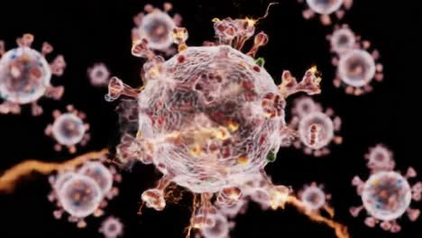 microscopic visualization of viral particles revealing detailed structures and interactions within a complex viral environment in an artistic presentation