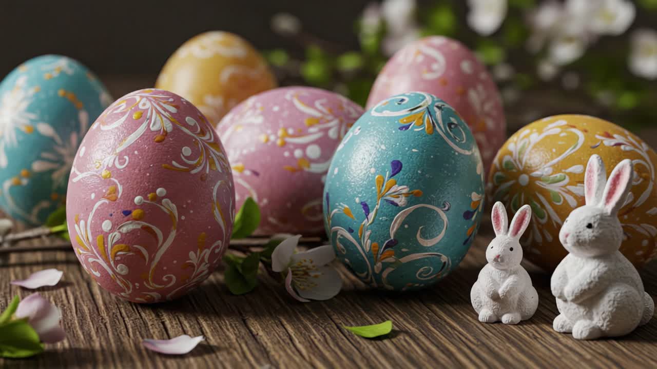 Colorful Easter Eggs and Adorable Bunny Figurines Arranged Aesthetically on a Rustic Wooden Table Surrounded by Delicate Blossoms and Greenery