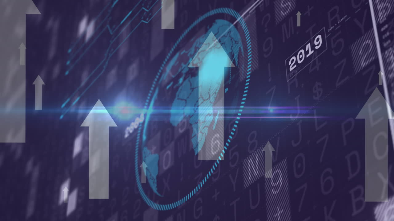 검은 바탕에 화살표의 애니메이션과 금융 데이터 처리