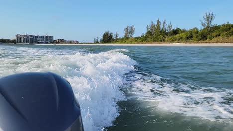 dolphin kicking fins and splashing in backwash of boat wake waves as it swims behind vessel driving by beach off the coast of louisiana in the gulf of mexico