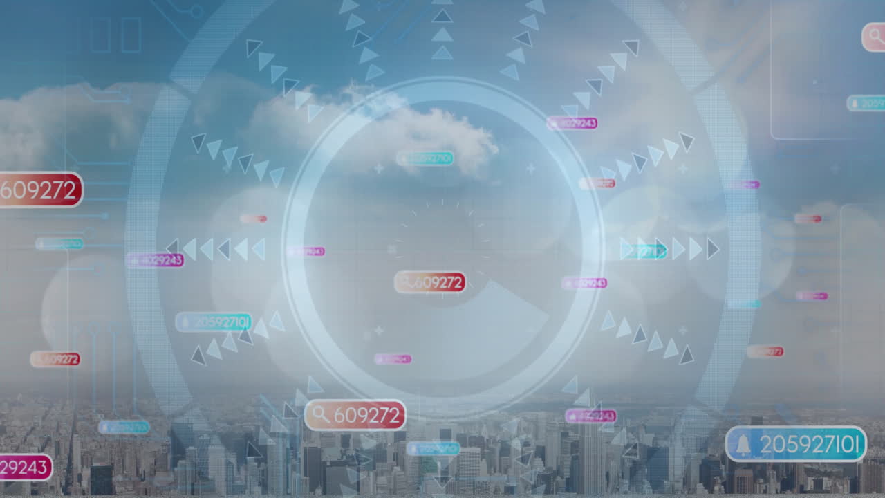 Digital data processing animation over cityscape with cloudy sky background