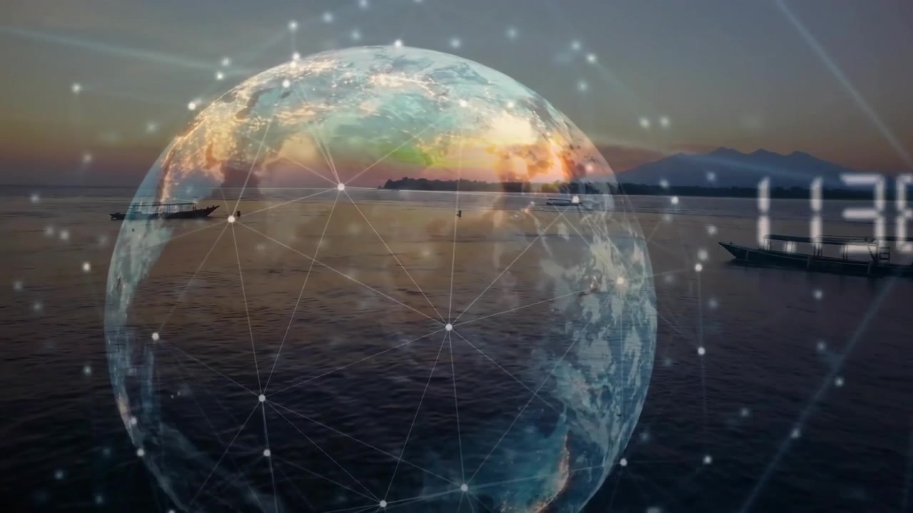 Sunset glow activating wireframe globe rising over seascape, pulsing network nodes visualizing data