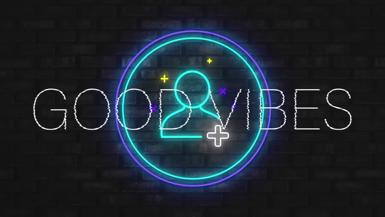 animación de texto de buenas vibraciones con neón parpadeante y icono de personas en el fondo de la pared de ladrillo