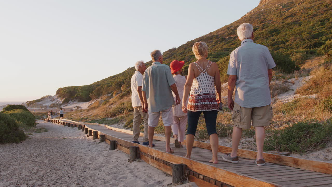 vista trasera de amigos mayores caminando a lo largo del paseo marítimo en la playa en vacaciones de grupo de verano