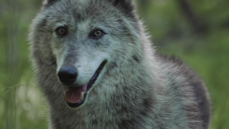 Un primer plano impactante de un lobo gris mirando al frente en un entorno de bosque exuberante, con la boca abierta y expresión alerta e intensa