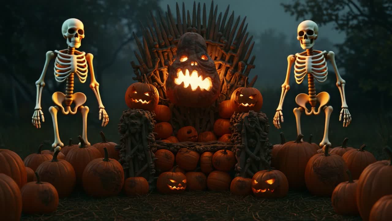 Enigmatic Pumpkin Throne Surrounded by Eerie Skeletons and Glowing Jack-o'-Lanterns in a Spooky Outdoor Setting Capturing the Essence of Halloween Festivities